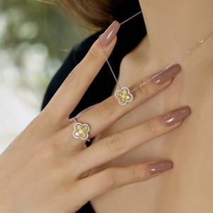 Personnalisé 925 Sterling Silver Zircon <span class=keywords><strong>Rose</strong></span> Jaune CZ Pierre Chanceux Trèfle À Quatre Feuilles Collier Bague Boucles D'oreilles Ensemble de Bijoux pour Femmes - Product Image 4