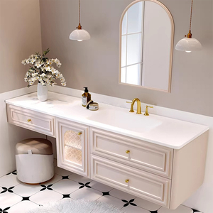 Mueble de Baño con Lavabo Individual Personalizable, Mueble de Pared Color Crema Francés con Espejo Antivaho Inteligente de Madera Maciza y Cajones Grandes - Product Image 3