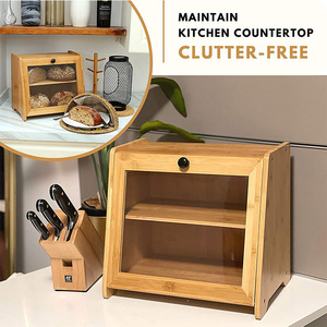 Boîte à pain en bambou à double niveau avec étagères réglables, armoire de rangement pour comptoir de cuisine, design moderne et simple - Product Image 3