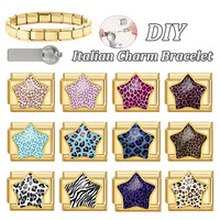 Bracelet à breloques DIY en acier inoxydable avec éléments étoile et léopard, surpiqûres dorées, bijoux tendance et mode