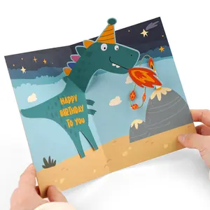 ديناصور مرح، بطاقات تهنئة عيد ميلاد ثلاثية الابعاد مع مظاريف تصميم خاص للأطفال مصنوعة يدويا
