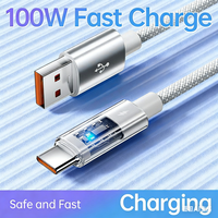 Kabel USB Type C ke Type C Transparan 100W PD Fast Charging dengan Layar LED, Kabel Data Pengisian Cerdas 2M Berbahan Nilon Kepang