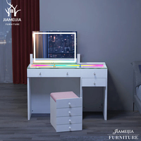 Table de toilette moderne blanche avec bande lumineuse LED RGB, plateau en verre, 5 tiroirs, bureau de maquillage avec miroir éclairé, ensemble de chambre à coucher avec tabouret