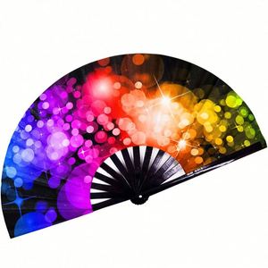 Custom Printed Rainbow Large Bamboo Rave Clack <b>Hand</b> Fan Bulk Festivals Pride Folding Shade Fabric Clap Foldable KUNG FU Fan - Product Image 5