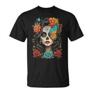 Camiseta floral con diseño de calavera de azúcar para el Día de Muertos para mujer, diseño del Día de los Muertos - Product Image 1