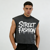 Heren donkergrijs mouwloos T-shirt met klinknagels versierd, zacht katoen, retro streetwear, casual, losvallend, korte mouw T-shirt