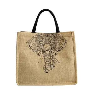 新款设计亚麻手提包复古手提袋大象印花复古风格大容量购物袋黄麻手提袋