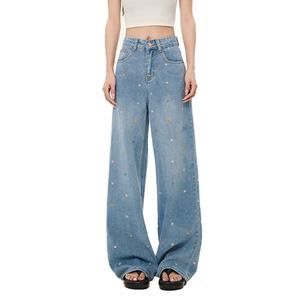 Wholesale Blue Denim for Women Cotton High Quality Washed Vintage Baggy <b>Embroidered</b> Pants Women's <b>Jeans</b> - Product Image 1