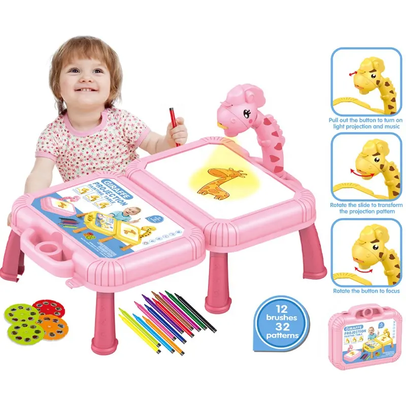 Gran oferta, mesa de dibujo para niña, música, jirafa, proyección, pintura, juego de mesa con bolígrafos de colores, libro de dibujo, juguete para niños