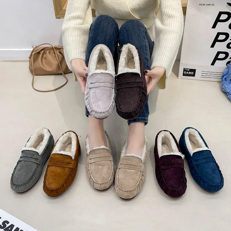 Fleece-Lined Winter Outdoor Soft Sole Anti-Slip Flat Heel Warm Causal Slip On Loafer Shoes Female