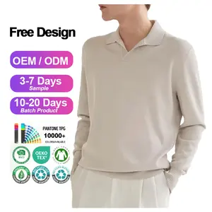 custom logo Men's sweater open polo v-neck pullover collar ribbed edges plain knit jumper top cashmere men sweater for men