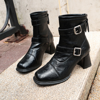 Bottines à bout carré pour femmes en similicuir avec double boucle décorative, talon bloc, fermeture éclair, bottes courtes tendance pour le quotidien et les soirées