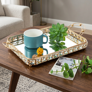 Luxury Gold Metal Classic Rectangle <b>Mirrored</b> Single Compartment Storage <b>Tray</b> with Handles for Tableware and Decorative Use - Product Image 4