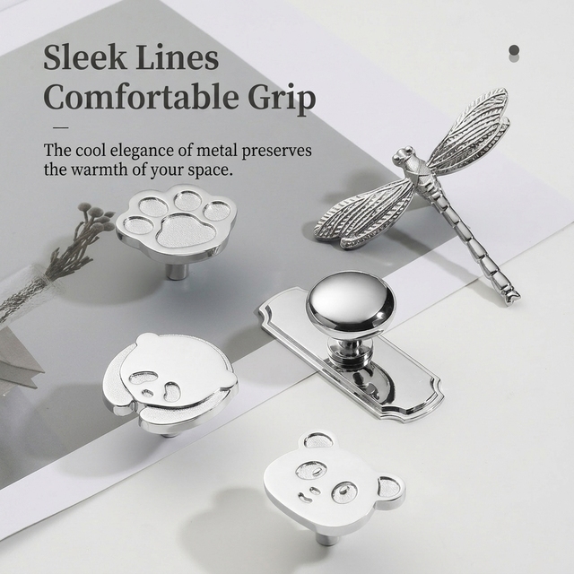 Creative Cartoon Panda Paw Dragonfly Shaped Polished Chrome Zinc Alloy Cabinet Knobs Drawer Knobs & Handles for Furniture
