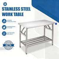 Table de travail industrielle en acier inoxydable 304 à double niveau avec étagère inférieure et pieds carrés, fabriquée en usine, pour boucherie