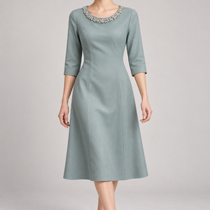Vestido midi de algodón y poliéster para mujer, corte en A, con adornos florales, cuello redondo, mangas tres cuartos, venta al por mayor - Product Image 1