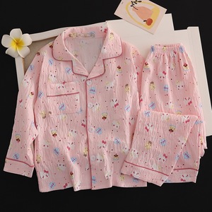 Cardigan Casual del pigiama per <span class=keywords><strong>bambini</strong></span> in tessuto di cotone stampato di alta qualità con colletto rivolto verso l'alto e Set pigiama da donna a maniche lunghe - Product Image 2