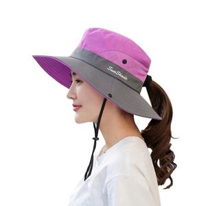 Sombrero de sol plegable de malla con cordón para mujer, estilo safari, para exteriores, con cola de caballo, ala ancha, para playa y pesca, tipo pescador, venta al por mayor - Product Image 4
