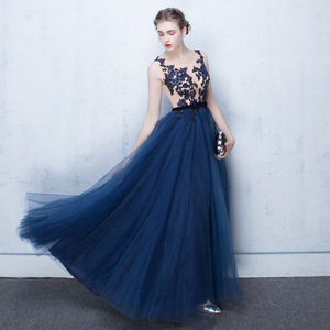 S2792R New Blue Long Round Neck Sleeveless Lady Lace Slim Wedding Evening Dress - Product Image 3