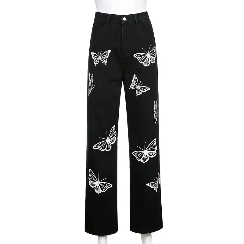 black Wide leg loose Butterfly printed jeans Straight Women casual pants jeans