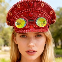 Chapeau de Capitaine Steampunk Rouge à Paillettes et Strass, Luxe, pour Fêtes, Personnalisé, Unisexe, Décontracté, Plage - Vente en Gros, MOQ 3