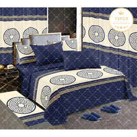 Collection de Draps de Luxe en Gros, 13 Pièces, Taille King Size, avec Tapis, Chaussons et Rideaux Imprimés, Ensemble de Literie