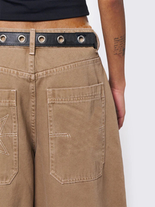 <span class=keywords><strong>Pantaloni</strong></span> larghi in cotone 100% <span class=keywords><strong>Beige</strong></span> per stile Unisex Custom rilassato su gamba larga ricamato Jeans pieghettati con cuciture extra lunghe tendenza Casual - Product Image 5