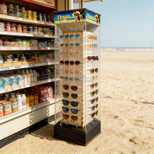 Présentoir de sol en acrylique LED pour lunettes, vente en gros, promotion, présentoirs à lunettes de soleil 360 ° Support d'affichage rotatif à 4 faces pour lunettes - Product Image 1