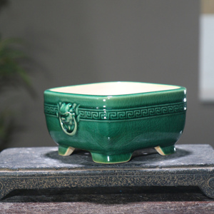 Maceta Cuadrada de Cerámica para Bonsái con Cara de León, Esmalte Verde, Estilo Chino, Maceta Pequeña - Product Image 4