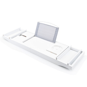 Étagère de bain en bambou blanc 60x70cm, support de rangement de salle de bain rétractable autoportant - Product Image 5