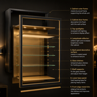 Vitrine de salle de bain murale rétroéclairée avec étagères en verre et finition dorée, pour rangement encastré