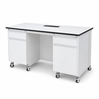 Banc de laboratoire mobile en acier et bois avec roulettes de nivellement Fuma, armoire à tiroirs et module d'alimentation intégré pour usage scolaire, hospitalier et en atelier