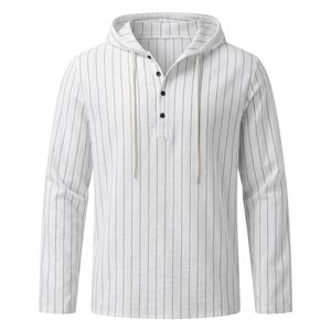 Camisa Henley de Manga Larga con Capucha y Rayas Verticales para Hombre, Mezcla de Lino, con Cordón Ajustable, Informal, para Uso Diario, para Vacaciones en la Playa - Product Image 2