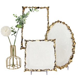 Modern Luxury Middle Eastern Style Gold Edged Porcelain Dinnerware White Square Pattern Oval Rectangular <b>Ceramic</b> Dish Gold Edge - Product Image 1