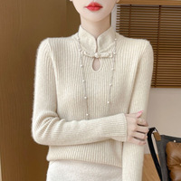Pull-over décontracté en laine/nylon tricoté pour femme, style chinois, col montant, avec logo frontal, nouvelle collection printemps