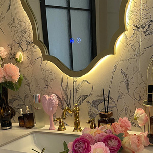 French-style Oval Embossed Plastic MDF Illuminated LED Smart Touch-control <strong>Lightweight</strong> Washroom Vanity Wall-mounted <strong>Mirror</strong> - Product Image 3