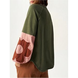 FOXA Women's Oversized Sweatshirt <b>Patchwork</b> Crewneck Petal Sleeve Long Sleeve Pullover <b>Tops</b> Breathable Knitted Cotton Blend - Product Image 3