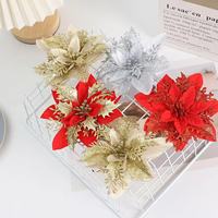 Dekorasi Pohon Natal Bunga Buatan Plastik Poinsettia Perak-Pink Gaya Korea