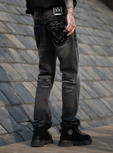 IN Stock Black Men’s Sanding Heavy Stitch Straight Leg Washed <b>Embroidered</b> Denim <b>Jeans</b> Mid Waist fashion <b>jeans</b> for men - Product Image 4