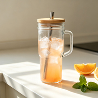 Gobelet esthétique en verre transparent avec poignée et couvercle en bambou, tasse réutilisable avec paille pour café glacé et boissons aux fruits