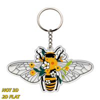 Porte-clés en acrylique avec motif abeille et fleurs, porte-clés décoratif de style dessin animé avec anneau et chaîne en métal, léger et original