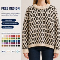 Pull en maille jacquard épais personnalisé pour femme, col rond, crème et marron, motif losanges intégral, usine OEM ODM