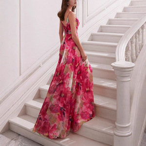 Vestido largo de gasa con estampado floral, cuello en V y cintura imperio para mujer, ideal para fiestas nocturnas. - Product Image 2
