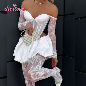 Dierlove <span class=keywords><strong>Ensemble</strong></span> élégant blanc haut de gamme <span class=keywords><strong>pour</strong></span> femme : Corset <span class=keywords><strong>bustier</strong></span>, manches en dentelle détachables <span class=keywords><strong>et</strong></span> <span class=keywords><strong>jupe</strong></span> bouffante en satin <span class=keywords><strong>pour</strong></span> un style urbain - Product Image 3