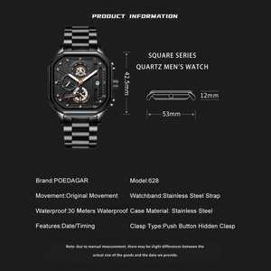 Reloj Poedagar de Lujo para Hombre, Cuadrado, de Cuarzo, con Correa de Acero Inoxidable, Resistente al Agua, Luminoso, Joyería OEM - Product Image 4