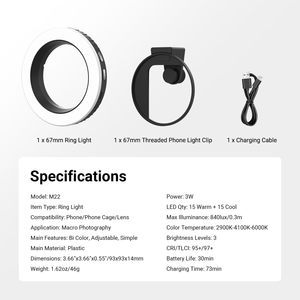 <span class=keywords><strong>NEEWER</strong></span> BASICS M22 67mm <span class=keywords><strong>Anneau</strong></span> <span class=keywords><strong>lumineux</strong></span> LED, lumière d'appoint bicolore pour selfie, compatible avec les coques de téléphone/les objectifs d'appareil photo - Product Image 6