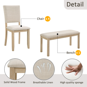 6-Piece Modern Dining <b>Table</b> <b>Set</b> with 4 Chairs <b>and</b> <b>Bench</b> Rubber Wood & MDF Beige Linen Eco-Friendly Durable U-Shaped Base - Product Image 6