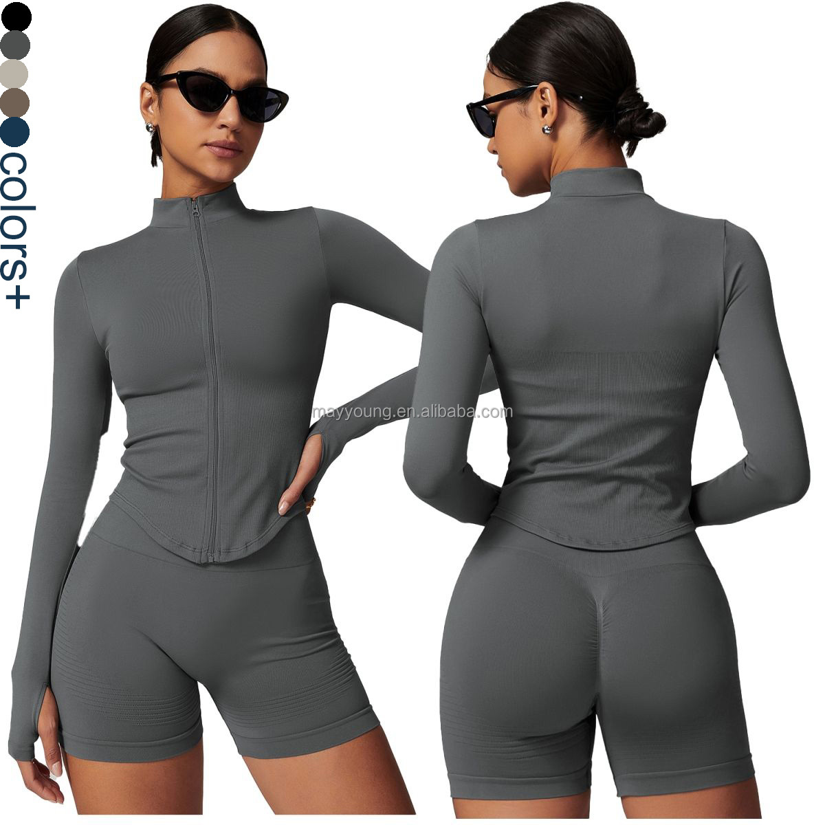 American Women's Quick-Drying Yoga Top Zipper up Jacket Stand Collar Zipper Long Sleeve Fitness Sports Top Tight-Fitting Jacket