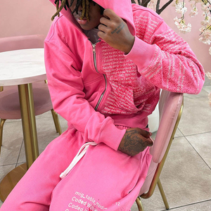 Fabricación personalizada de los hombres de peso pesado Oem Streetwear Loose Jogger Sweatpannts Hombres Serigrafía Baggy Pierna ancha Rosa Pantalones de chándal - Product Image 2