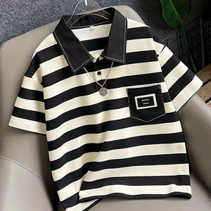 T-shirt en coton pour garçons, vêtements d'été pour enfants plus âgés, haut à manches courtes rayé avec col polo, tendance - Product Image 6